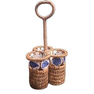 Wicker 3-Bottle Wine Oil Caddy Nautical Seagrass Shell Jute Handle Handmade VTG